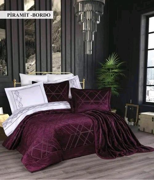 10 Parça Çeyiz Seti (Battaniye+Nevresim Takımı+Yatak Örtüsü)-Piramit Bordo