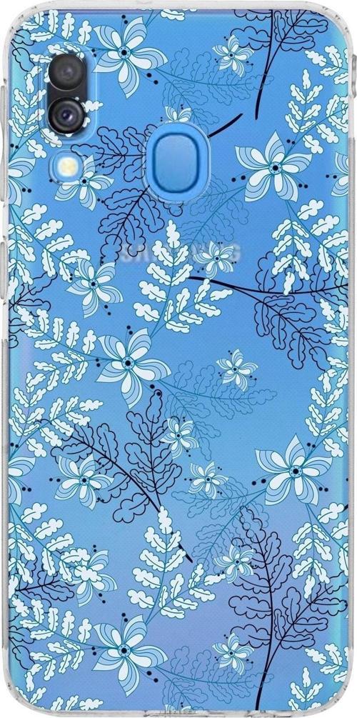 Samsung Galaxy A40 Kamera Korumalı Kapak Floral Mavi Tasarımlı Şeffaf Kılıf