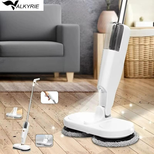 Şarjlı Su Püskürtmeli Elektrikli Mop – Çift Döner Başlık, Mikrofiber Ped, 2000 mAh, Tüm Zeminlerde Etkili Beyaz