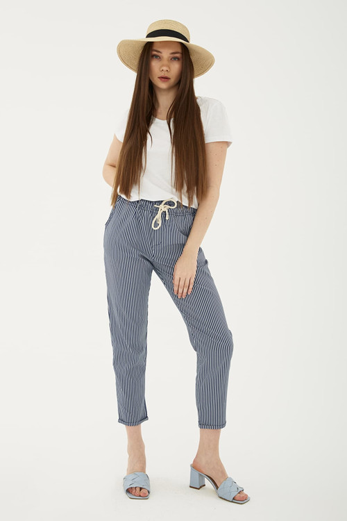 Comfort Fit Lastikli Çizgili Bayan Pantolon 25Y0344K1 LACİVERT