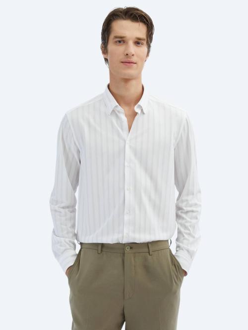 Açık Bej Çizgili Regular Fit Casual Pamuk Karışımlı Gömlek