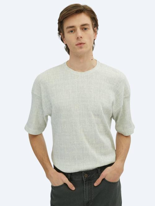 Açık Haki Baskılı Bisiklet Yaka Pamuk Karışımlı T-Shirt