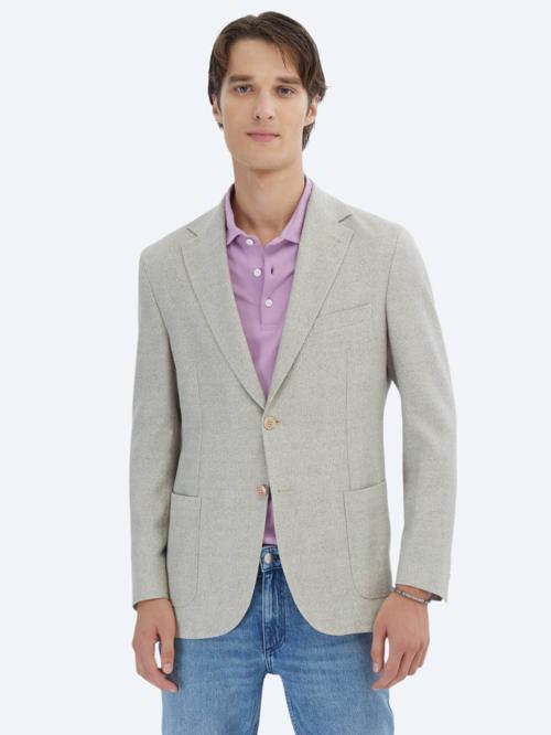 Açık Haki Desenli Modern Fit Keten Karışımlı Ceket