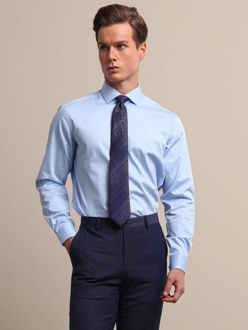 Açık Mavi Düz Regular Fit Dokuma Klasik %100 Pamuk Gömlek