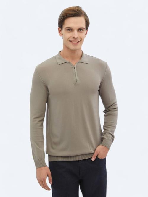 Açık Vizon Polo Yaka Düz Örgü Triko Kazak