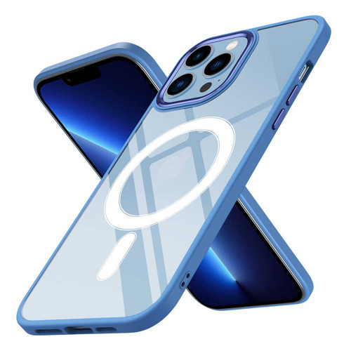 iPhone 12 Pro Max Uyumlu Wireless Şarj Özellikli KHYR Krom Magsafe Silikon Kılıf-Mavi