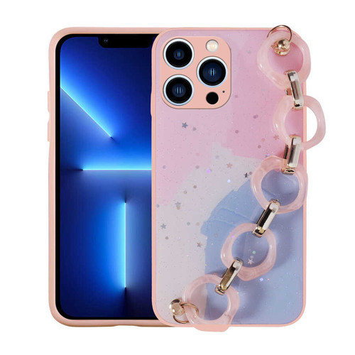 iPhone 13 Pro Max Uyumlu Simli Desenli El Askılı Tutacaklı KHYR Elsa Silikon Kılıf-Pembe