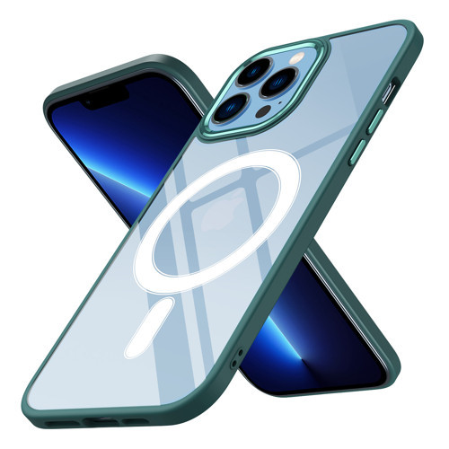 iPhone 12 Pro Uyumlu Wireless Şarj Özellikli KHYR Krom Magsafe Silikon Kılıf-Koyu Yeşil