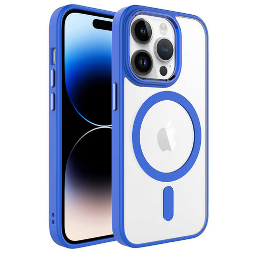 iPhone 14 Pro Uyumlu Wireless Şarj Özellikli KHYR Krom Magsafe Silikon Kılıf-Mavi