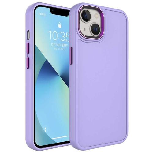iPhone 14 Uyumlu Metal Çerçeve ve Buton Tasarımlı Sert KHYR Botox Kılıf-Lila