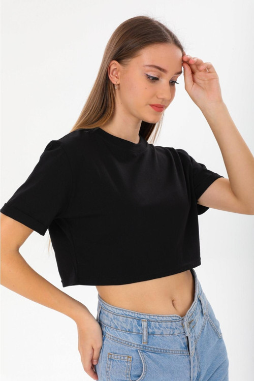 Kadın Kısa Kol Crop T-Shirt Duble Kol