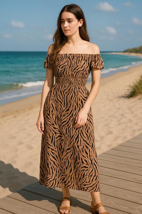 Belden Oturtmalı Uzun Elbise Leopar Ve Çiçek Desenli Gipeli Elbise (Açık Omuz Kullanılabilir)