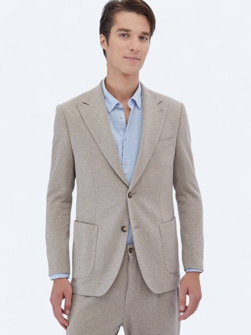 Bej Desenli Modern Fit Pamuk Karışımlı Örme Takım Elbise