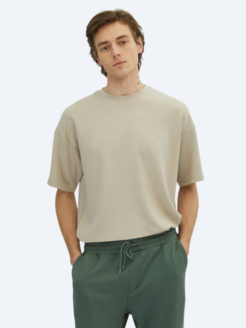 Bej Düz Bisiklet Yaka T-Shirt