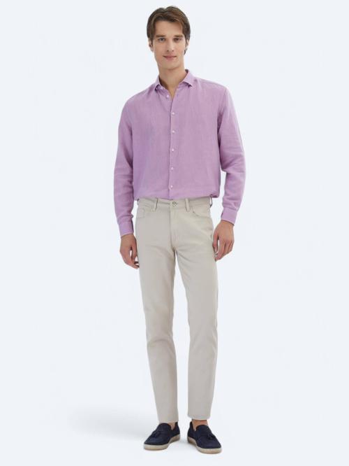 Bej Düz Dokuma Slim Fit Casual Pamuk Karışımlı Pantolon