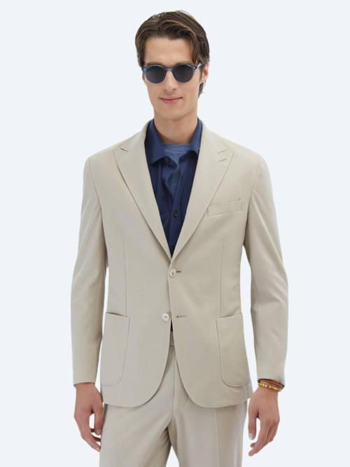 Bej Düz Modern Fit %100 Pamuk Örme Takım Elbise