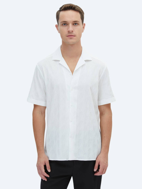 Beyaz Desenli Regular Fit Dokuma Casual Pamuk Karışımlı Gömlek