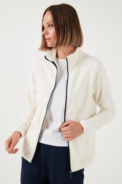 Slim Fit Anti-Pilling Tüylenme Yapmayan Fermuarlı  Polar Bayan Hırka 5907012 EKRU