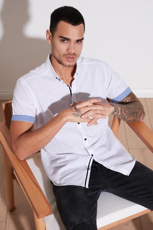 Pamuklu Slim Fit Düğmeli Yaka Kısa Kollu Erkek Gömlek CF21S112546 BEYAZ