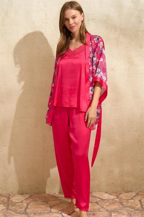 Saten Çiçek Baskılı Sabahlık Dantelli Atlet ve Pantolon Pijama 3'lü Takım
