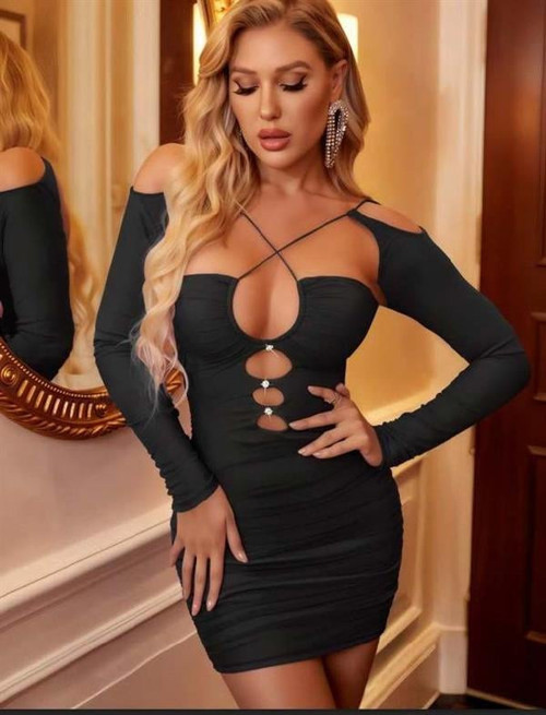 Arias Closet Siyah Göğüs Dekolteli İp Detaylı Mini Club Elbisesi