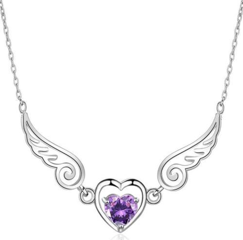 Ametist Taşlı Melek Kanatlı Minik Kalp Bayan Gümüş Kolye