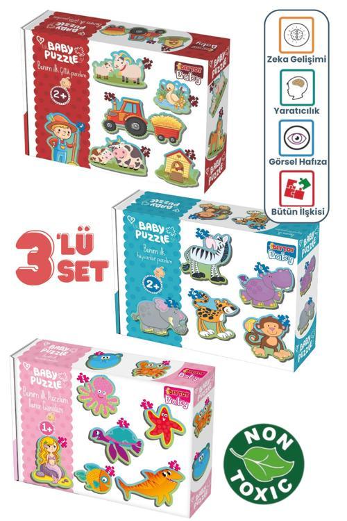 Baby Puzzle 3’Lü Set – Çiftlik, Hayvanlar & Deniz Canlıları Temaları | Eğitici Yapboz