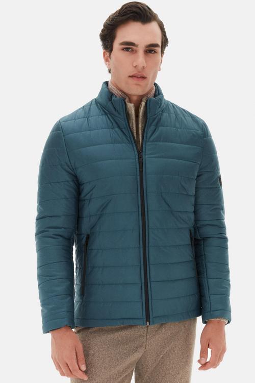 Slim Fit Yeşil Rüzgar Geçirmez Elyaf Dolgulu Şişme Mont