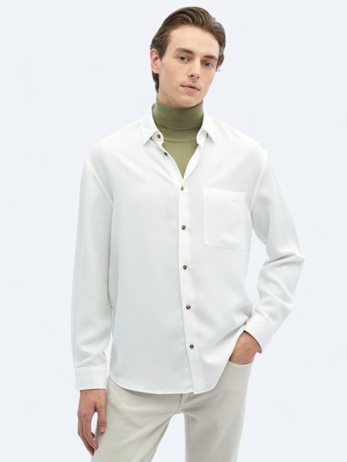 Beyaz Fitilli Oversize Fit Dokuma Casual Gömlek