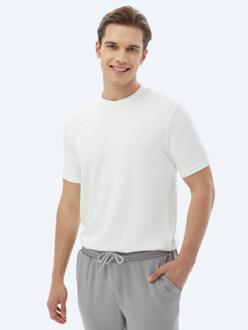 Ekru Düz Bisiklet Yaka T-Shirt