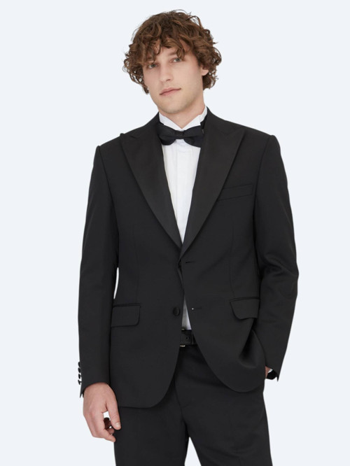 Siyah Düz Modern Fit Çıkarılabilir Kruvaze Yaka Dokuma Smokin Takım Elbise