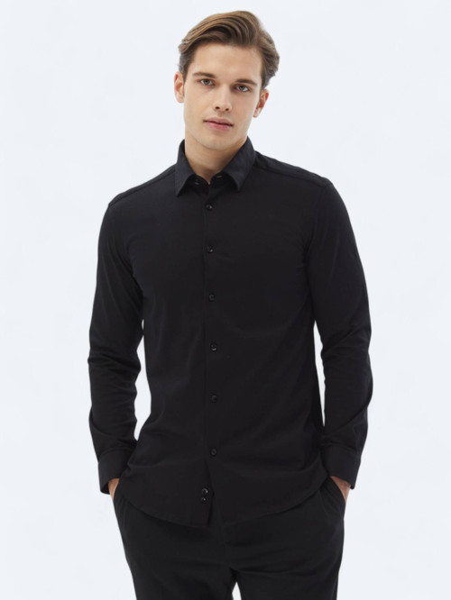 Siyah Düz Regular Fit Dokuma Casual %100 Pamuk Gömlek