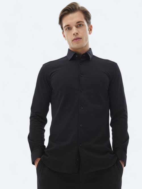 Siyah Düz Regular Fit Dokuma Casual %100 Pamuk Gömlek
