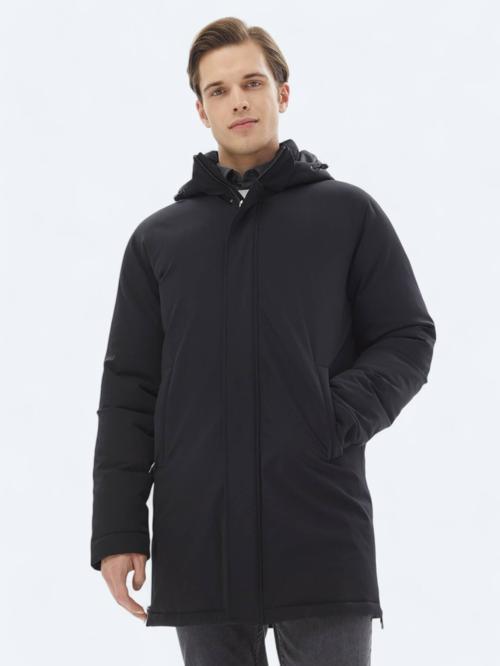 Siyah Comfort Fit Kapüşonlu Casual Dokuma Kaban