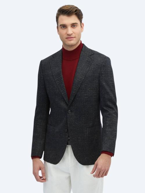 Siyah Desenli Comfort Fit Yün Karışımlı Örme Ceket