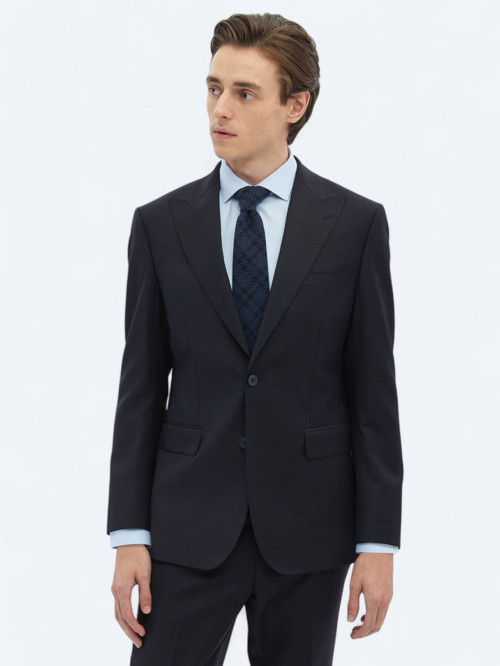 Siyah Desenli Modern Fit Yün Karışımlı Takım Elbise