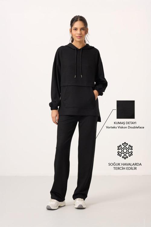 Siyah Yumuşak Dokulu Kapüşonlu Oversize Kadın Eşofman Tunik Takım - 95348