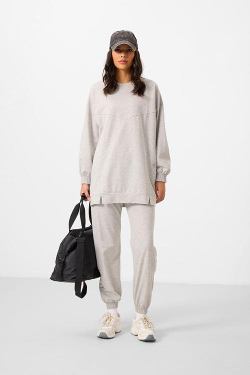 Gri Melanj O Yaka Basic Oversize Kadın Eşofman Tunik Takım - 95347