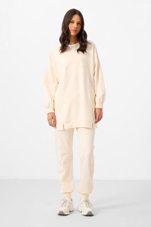 Ekru O Yaka Basic Oversize Kadın Eşofman Tunik Takım - 95347