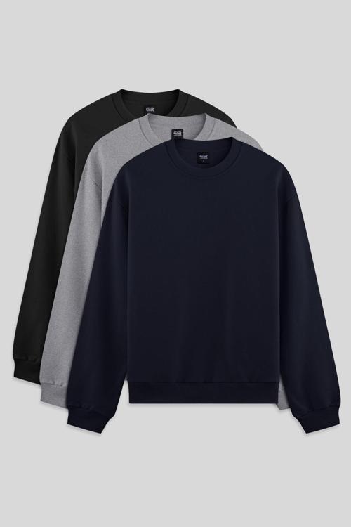 Standart Fit Basic O Yaka 3lü Paket Siyah-Lacivert-Gri Melanj Erkek Sweatshirt - 88363