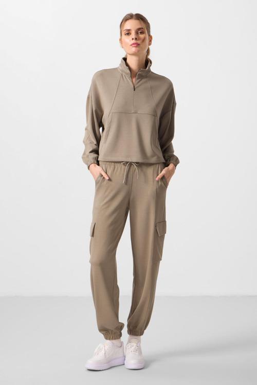 Koyu Bej Yumuşak Dokulu Dik Yaka Gizli Fermuarlı Oversize Kadın Eşofman Takım - 95351