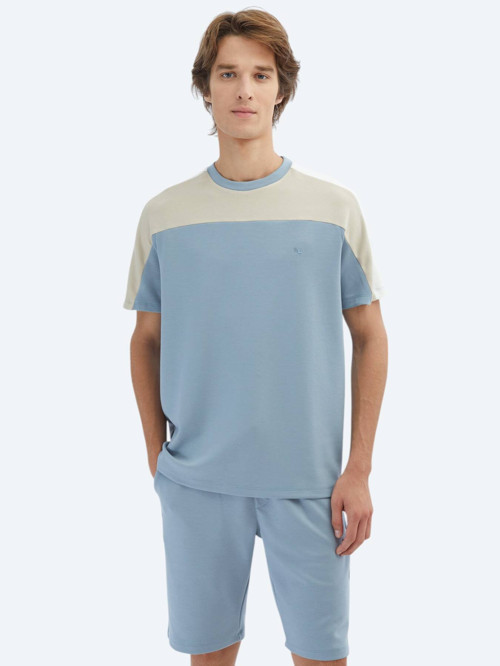 Mavi Düz Bisiklet Yaka T-Shirt