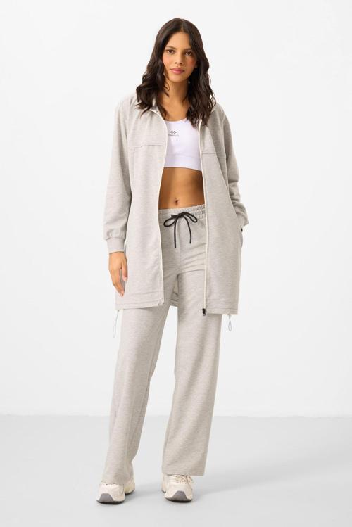 Gri Melanj Dik Yaka Fermuarlı Pamuklu Kadın Eşofman Tunik Takım - 95346