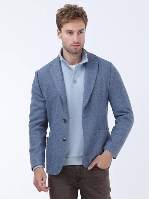 Mavi Düz Modern Fit Yün Karışımlı Örme Ceket