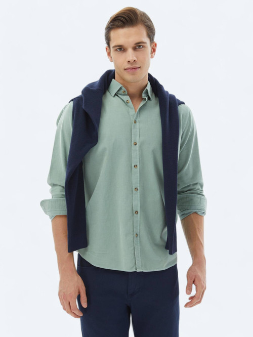 Mint Fitilli Regular Fit Dokuma Kadife Casual %100 Pamuk Gömlek
