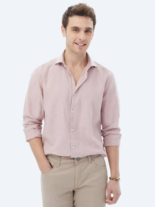 Pembe Düz Regular Fit Dokuma Casual Pamuk Karışımlı Gömlek