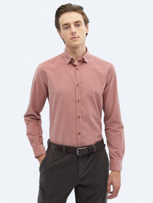 Pembe Fitilli Regular Fit Dokuma Kadife Casual %100 Pamuk Gömlek