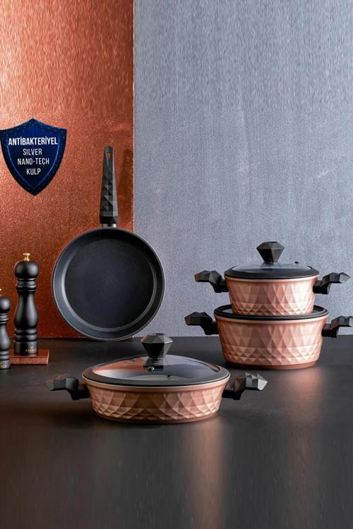Biodiamond Antibakteriyel Kulp Rose Gold 7 Parça Indüksiyon Tabanlı Tencere Seti