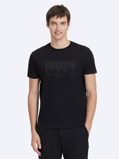 Siyah Baskılı Bisiklet Yaka %100 Pamuk T-Shirt