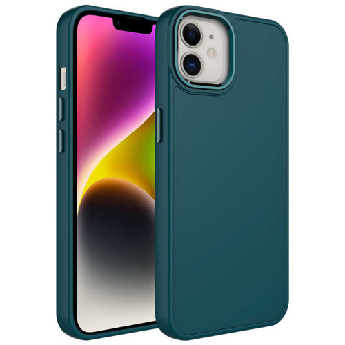 iPhone 12 Uyumlu Metal Çerçeve ve Buton Tasarımlı Silikon KHYR Luna Kılıf-Koyu Yeşil